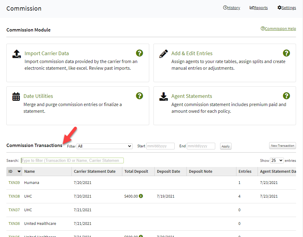 Screenshot showing the Commission Transactions table on the Commission landing page