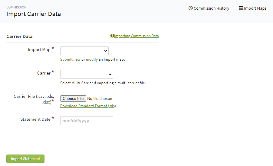 Screenshot showing the Carrier Data Import page before the update