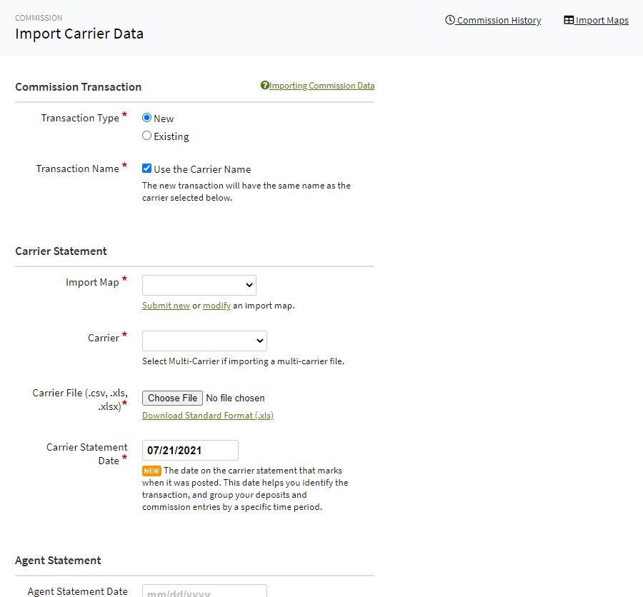 Screenshot showing the Carrier Data Import page after the update