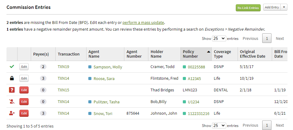 Screenshot showing the new icons in the Commission Entries table