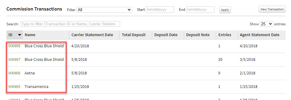 Screenshot showing an example of the Transaction IDs for entries added before the update