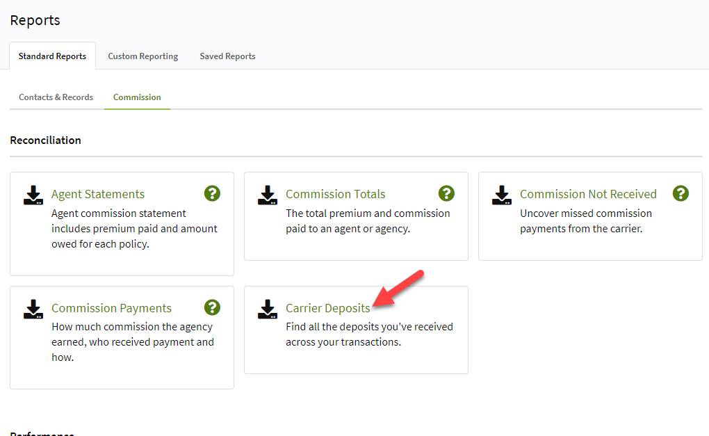Screenshot showing the new Carrier Deposits standard report