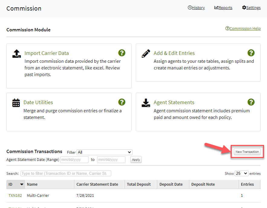 Screenshot showing where to create a new Transaction from the Commission page
