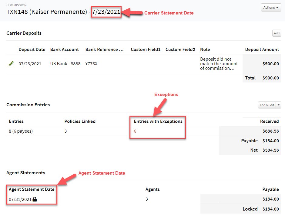 Screenshot showing the Transaction details page and highlighting the Carrier Statement Date, Exceptions, and Agent Statements
