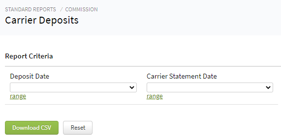 Screenshot showing the Carrier Deposits report criteria