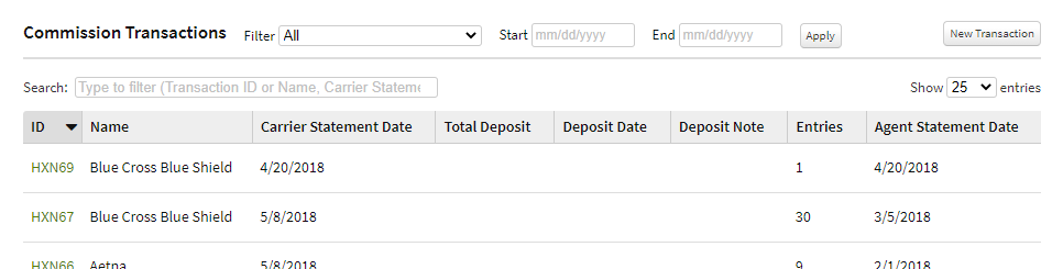 Screenshot showing the Commission Transactions table on the Commission page