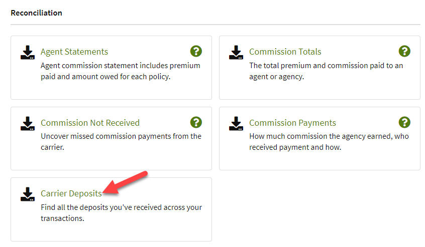 Screenshot showing how to navigate to the Carrier Deposits standard report