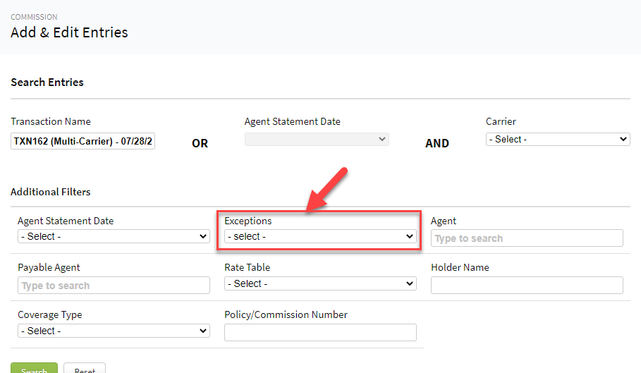 Screenshot showing how to search for red edits on the Add & Edit Entries page