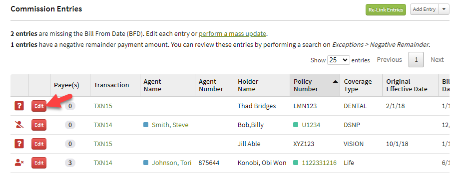 Screenshot showing the step to select a red edit in the Commission Entries table