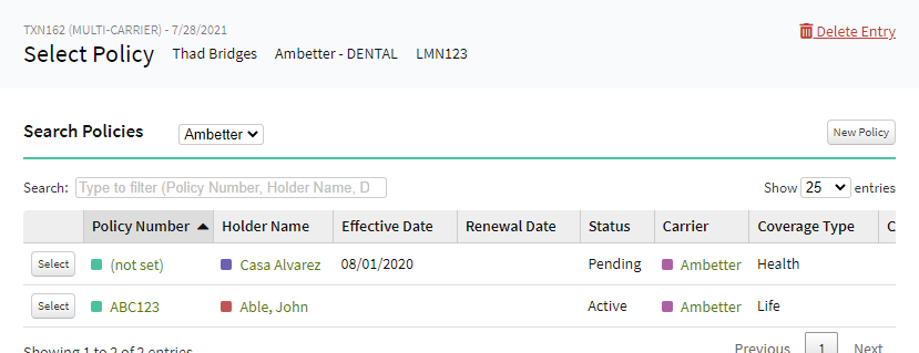 Screenshot showing how to search for a Policy to link the commission entry to