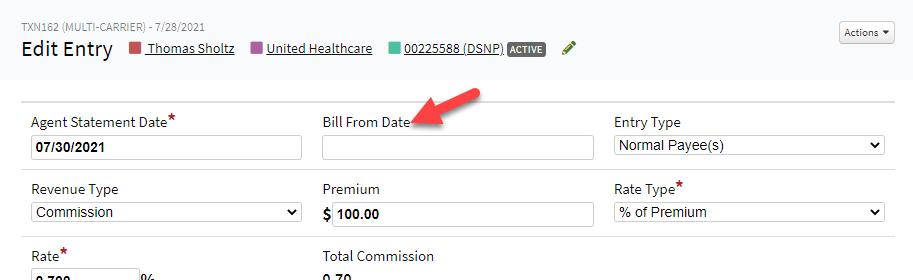 Screenshot showing where to add the Bill From Date on a commission entry