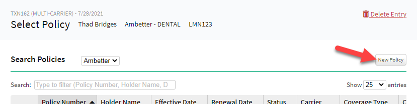 Screenshot showing how to create a new Policy to link to the commission entry