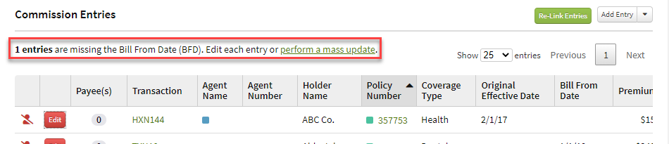 Screenshot showing an alert in the Commission Entries table for missing Bill From Date