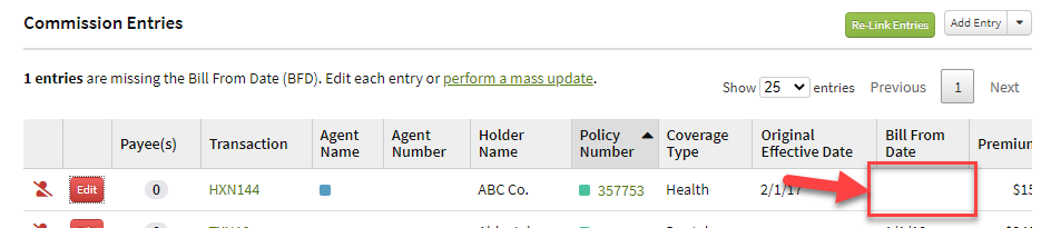 Screenshot showing an empty Bill From Date column in the Commission Entries table