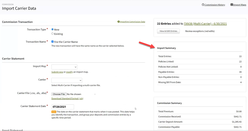 Screenshot showing the import summary