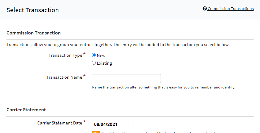 Screenshot showing the step to select a Transaction for the new entry