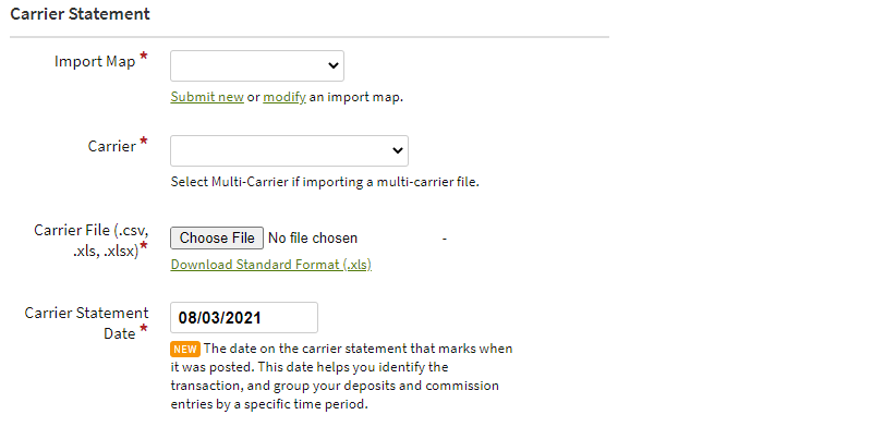Screenshot showing how to upload a carrier statement file during the import process