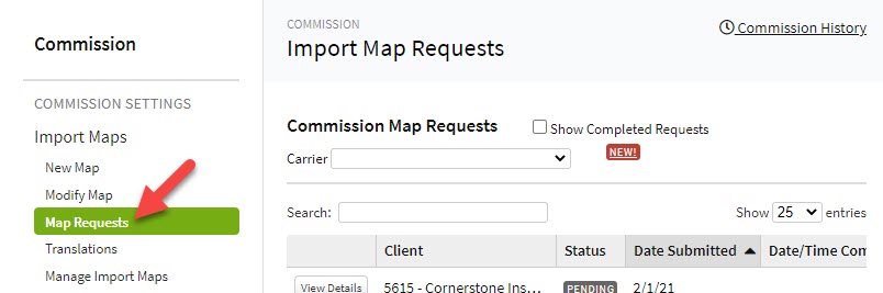Screenshot showing how to get to the Map Requests