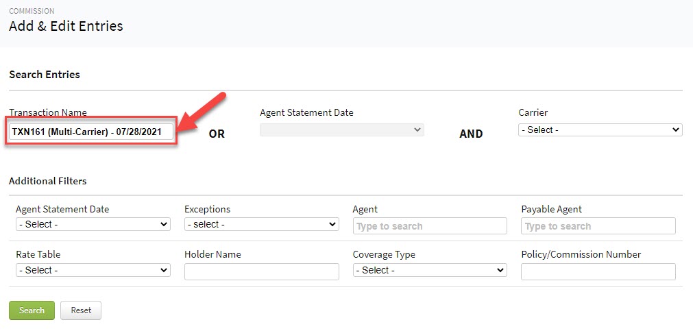 Screenshot showing how to search entries by an existing Transaction