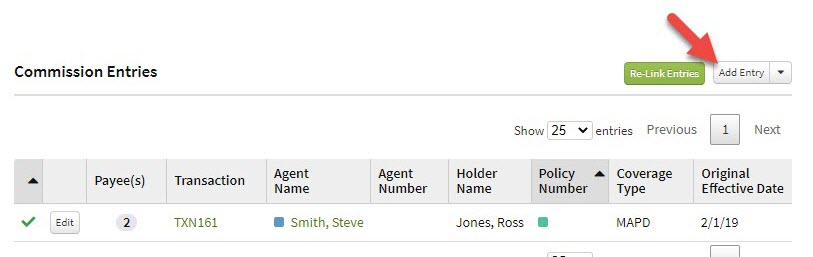 Screenshot showing where to select the Add Entry button in the Commission Entries section