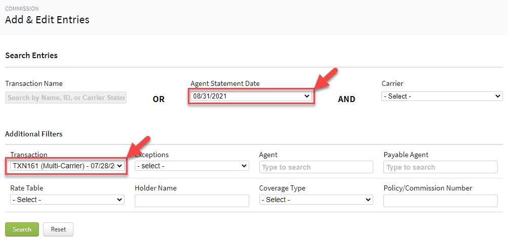 Screenshot showing how to search by Agent Statement Date and Transaction
