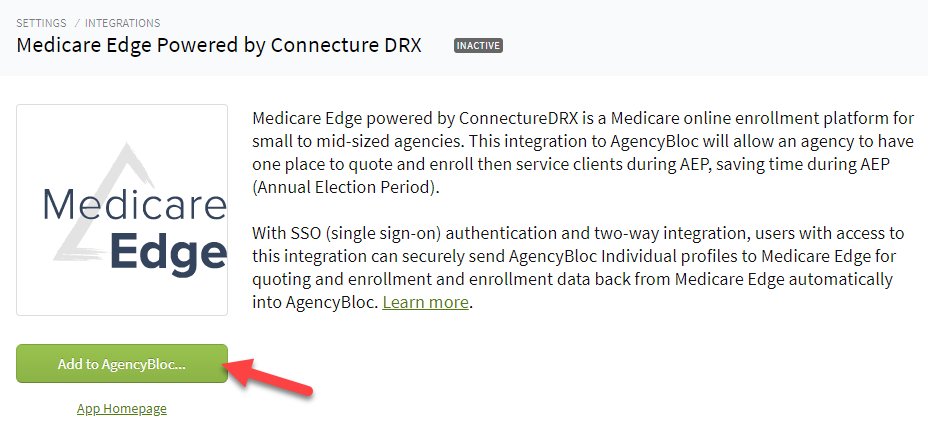 Screenshot showing how to add the Medicare Edge integration