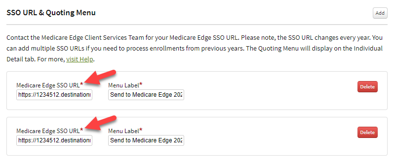 Screenshot showing where to enter the Medicare Edge SSO URLs