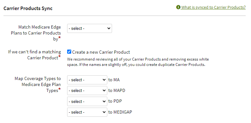 Screenshot showing the Carrier Product Sync settings