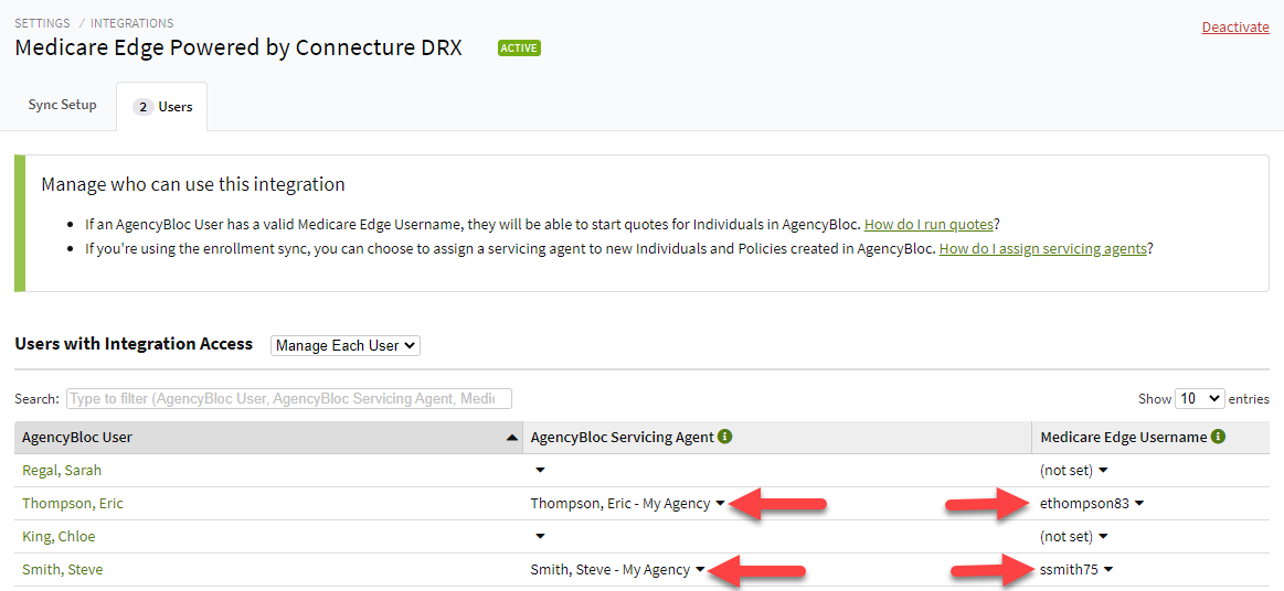 Screenshot showing the AgencyBloc Servicing Agent and Medicare Edge Username columns