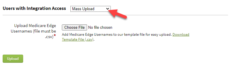 Screenshot showing the mass upload Medicare Edge Username option