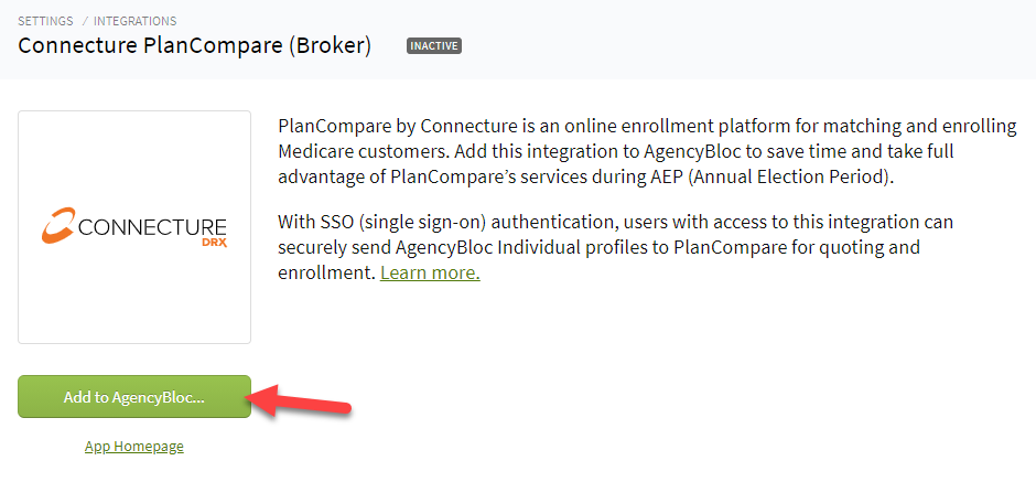 Screenshot showing how to add the PlanCompare (Broker) integration