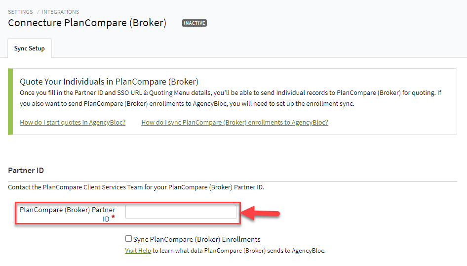 Screenshot showing where to enter the Partner ID