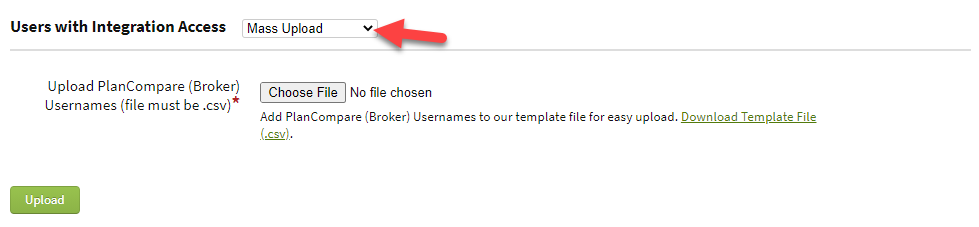 Screenshot showing the mass upload PlanCompare (Broker) Username option