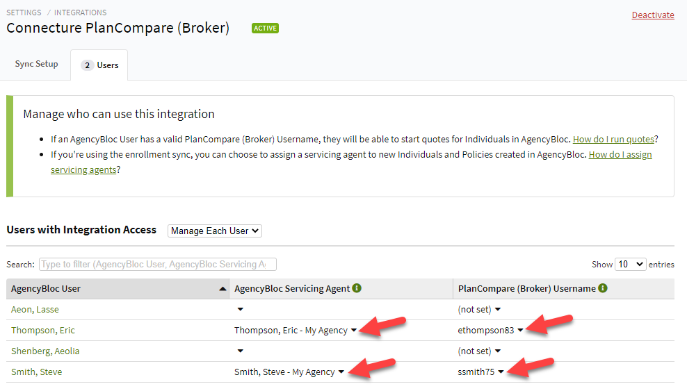Screenshot showing the AgencyBloc Servicing Agent and PlanCompare (Broker) columns