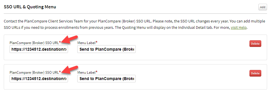 Screenshot showing where to enter the PlanCompare (Broker) SSO URLs