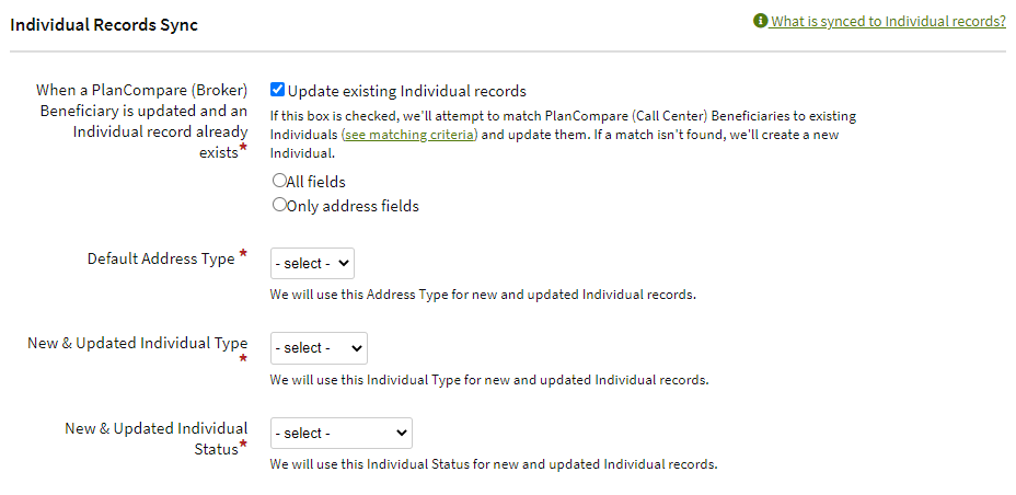 Screenshot showing the Individual Sync settings