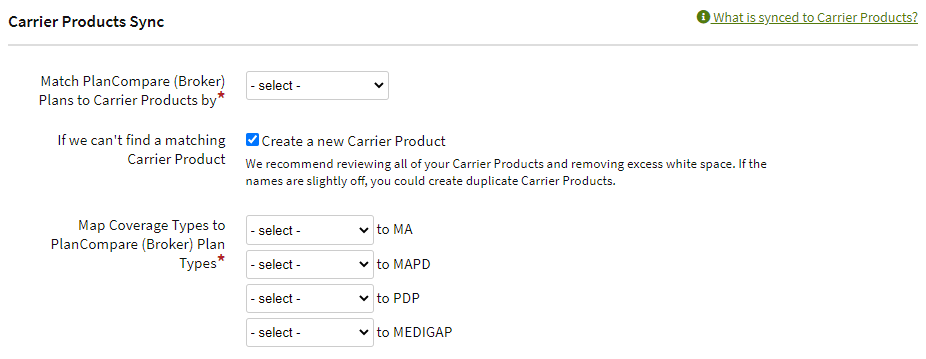 Screenshot showing the Carrier Product Sync settings