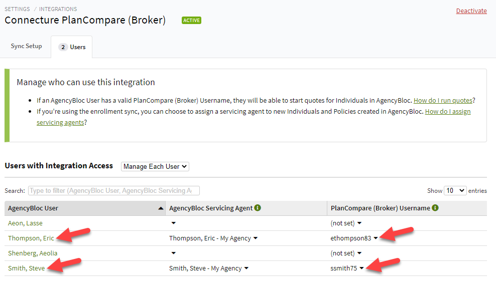 Screenshot showing the AgencyBloc User and PlanCompare (Broker) Username columns