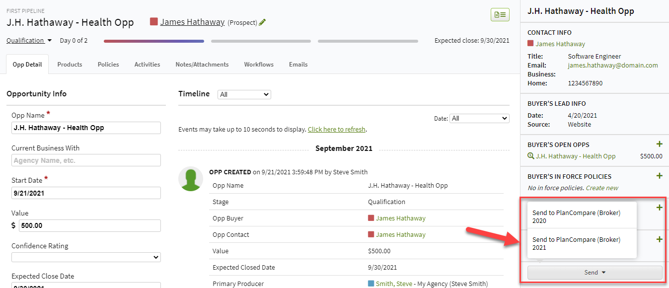 Screenshot showing the quoting menu in the right-hand summary of a Sales Opportunity