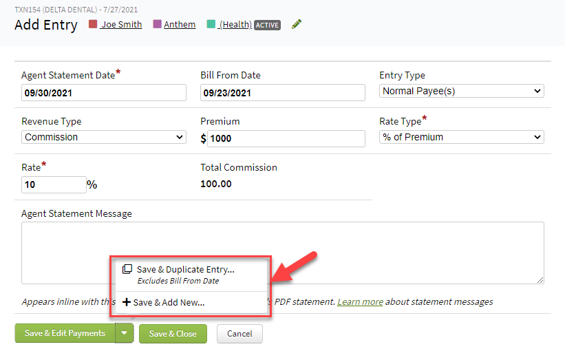 Screenshot showing the options to save and add new or save and duplicate