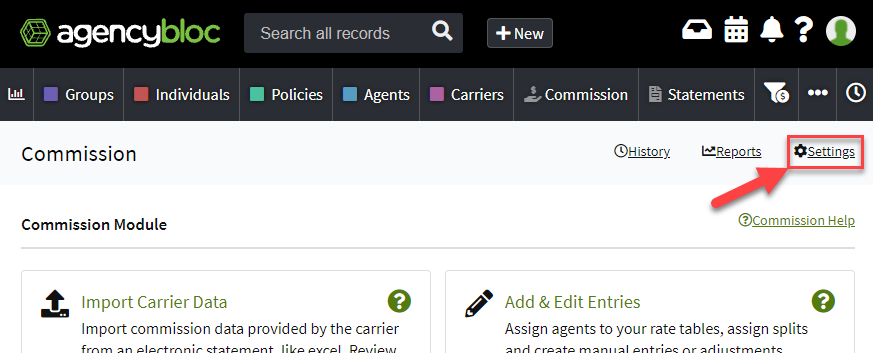 Screenshot showing how to access Commission settings