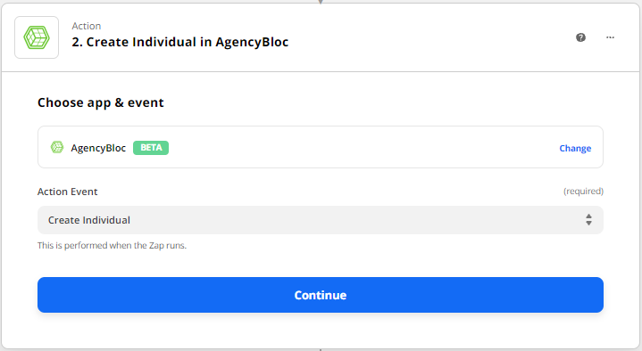 Screenshot showing the Create Individual AgencyBloc action