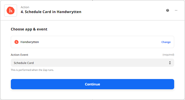 Screenshot showing the schedule card action by Handwrytten