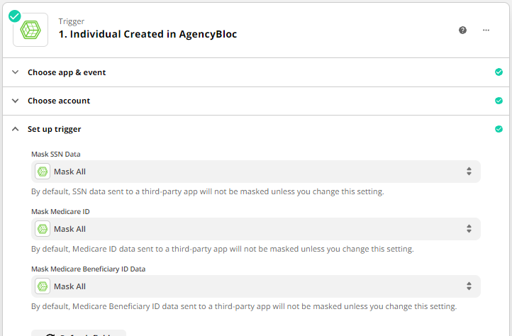 Screenshot showing the options to mask Individual SSN, Medicare ID, and MBI during Zap setup