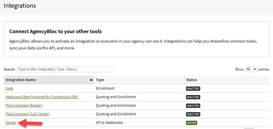 Screenshot showing the Zapier integration in settings
