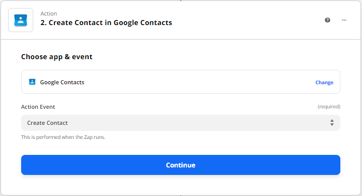 Screenshot showing the create contact Google Contacts action