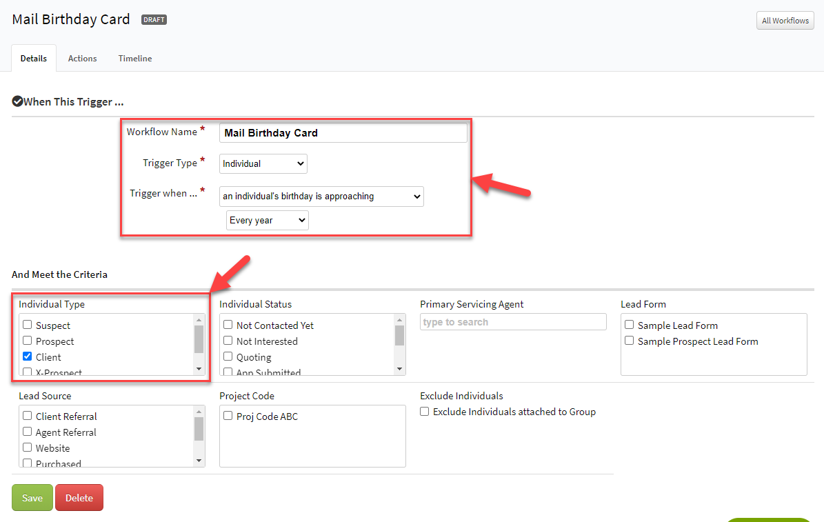 Screenshot showing how to set up a birthday workflow