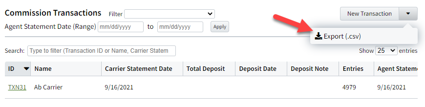 Screenshot showing how to export Transactions