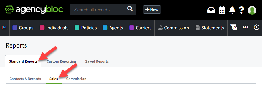 Screenshot showing where to find the Sales reports