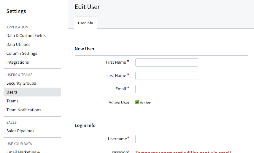 Screenshot showing the fields for a new User